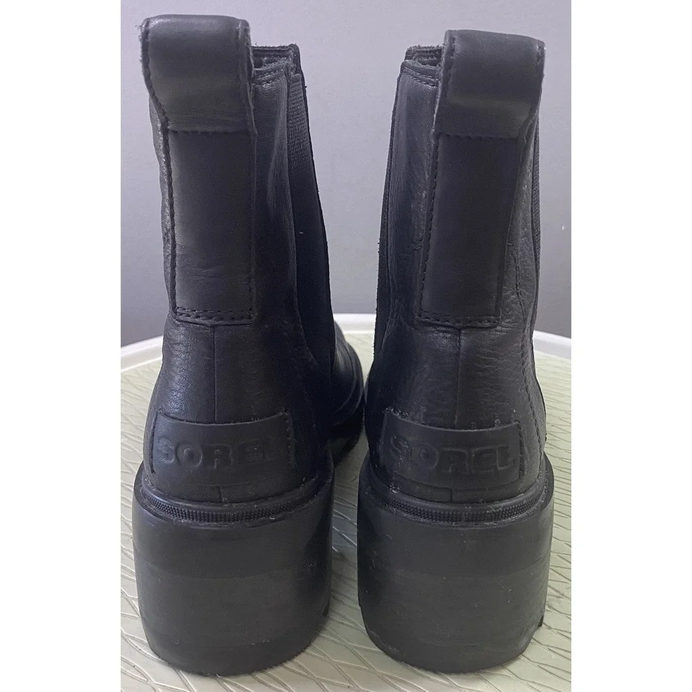 Sorel Joan Now Chelsea Leather Black Pull-on Ankle Combat Boots Lug Sole 8 EUC